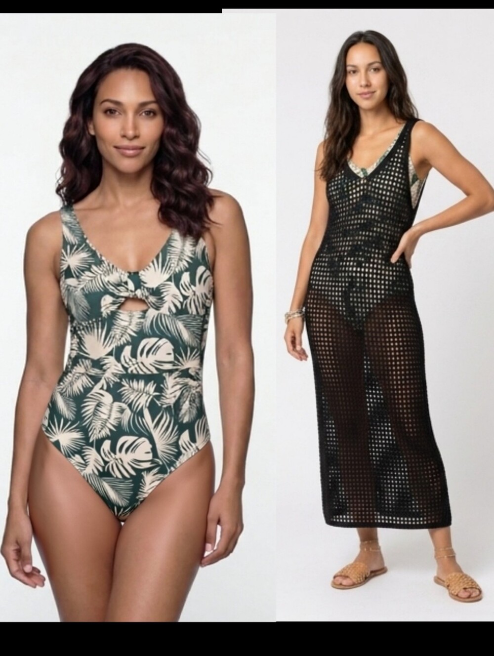 Shade & Shore Tropical Palm One Piece M / Black Crochet Maxi Coverup XL Set